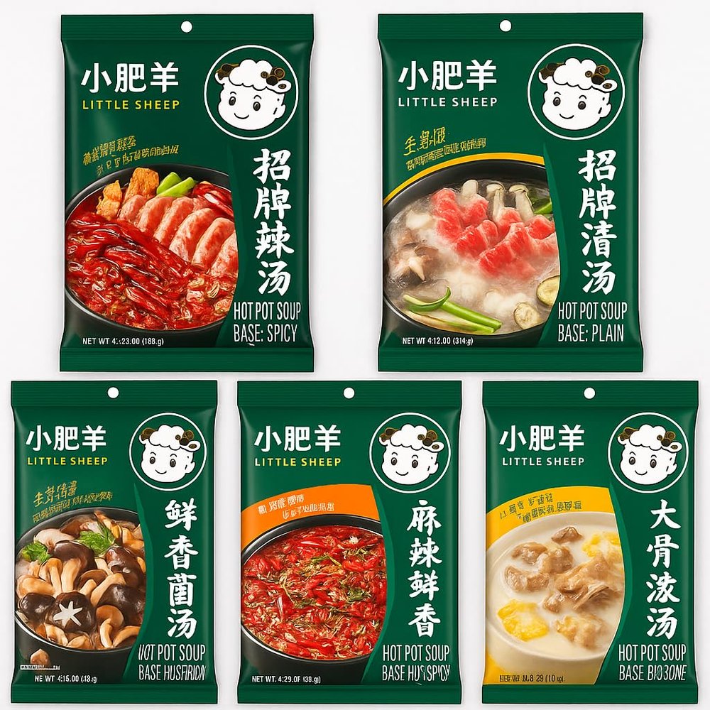 [Pack of 5] [Free Measuring Spoon] Little Sheep Hotpot Soup Base 5 Flavor Variety Pack (Plain, Hot, Mala Spicy, Mushroom, Big Bone Broth) (, , , , )