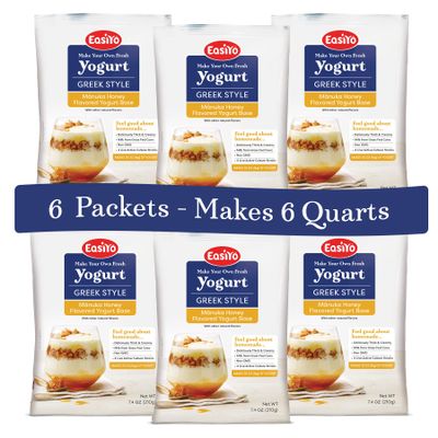 EasiYo Greek Style Manuka Honey Flavored Yogurt Base (6-pack, 42 Servings) with Live Cultures | Easy & Fresh Homemade Yogurt | Use with EasiYo Maker | New Zealand Milk from Grass Fed Cows