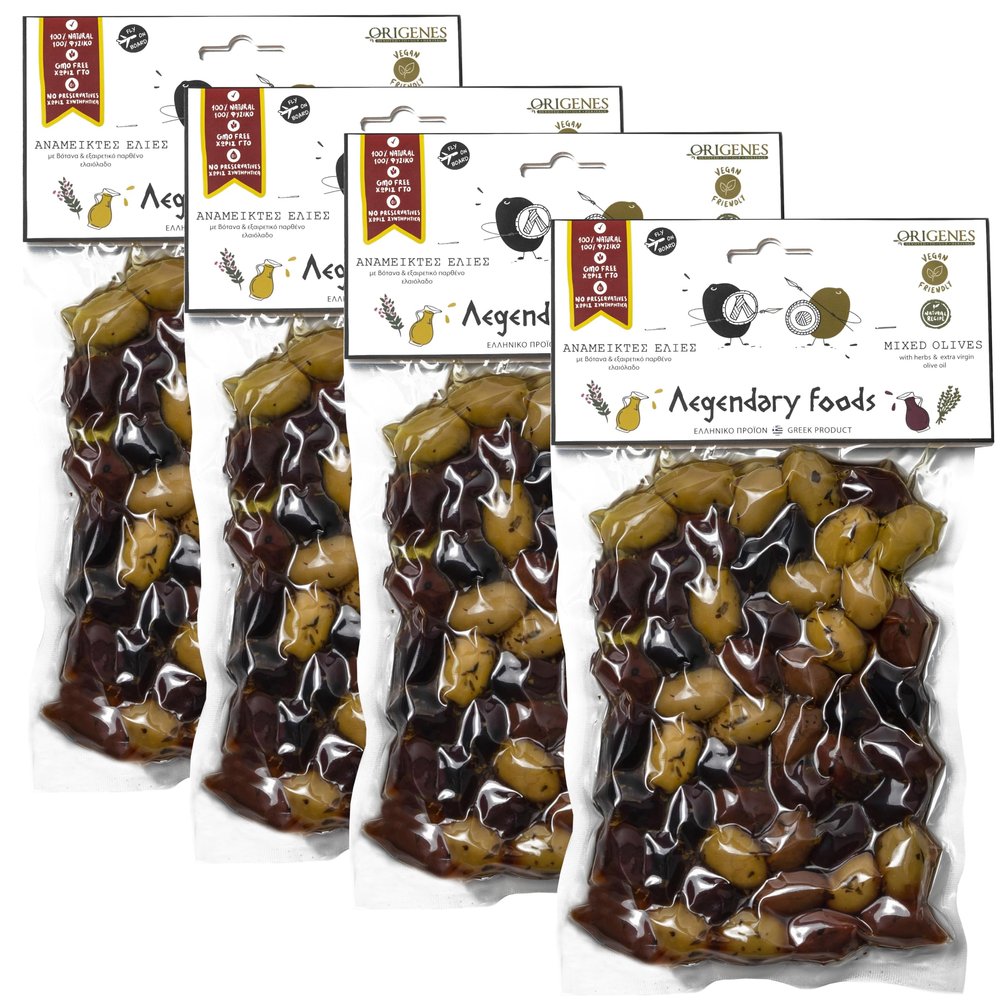 Pack of 4 Mixed Olives in Vacuum, Black Kalamon Olives mixed with Green Olives Marinated in Lemon juice, with savory Greek Oregano, Freshly Sealed Olives with Extra Virgin Oil 4X200g