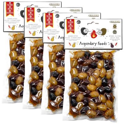 Pack of 4 Spicy Mixed Olives in Vacuum, Kalamon and Green Olives with Red Pepper Flakes, Freshly Sealed Olives with Extra Virgin Oil 4X200g