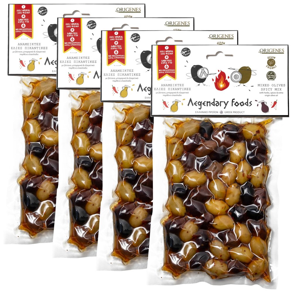 Pack of 4 Spicy Mixed Olives in Vacuum, Kalamon and Green Olives with Red Pepper Flakes, Freshly Sealed Olives with Extra Virgin Oil 4X200g