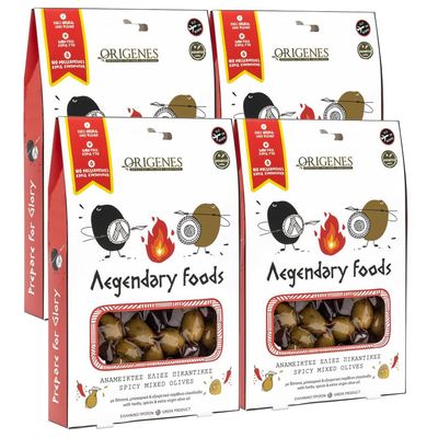 Pack of 4 Spicy Mixed Olives in Vacuum with Special Box, Kalamon and Green Olives with Lemon juice & Red Pepper Flakes, Freshly Sealed Olives with Extra Virgin Oil 4X200g