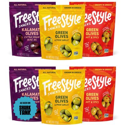 Freestyle Snacks Olive Snack Packs - As Seen on Shark Tank - Fresh Pitted Kalamata & Green Olives, Grown in Greece, Salty Snack, All Natural, Non-GMO, Sugar-Free - Variety Pack, 4oz (6 Pack)