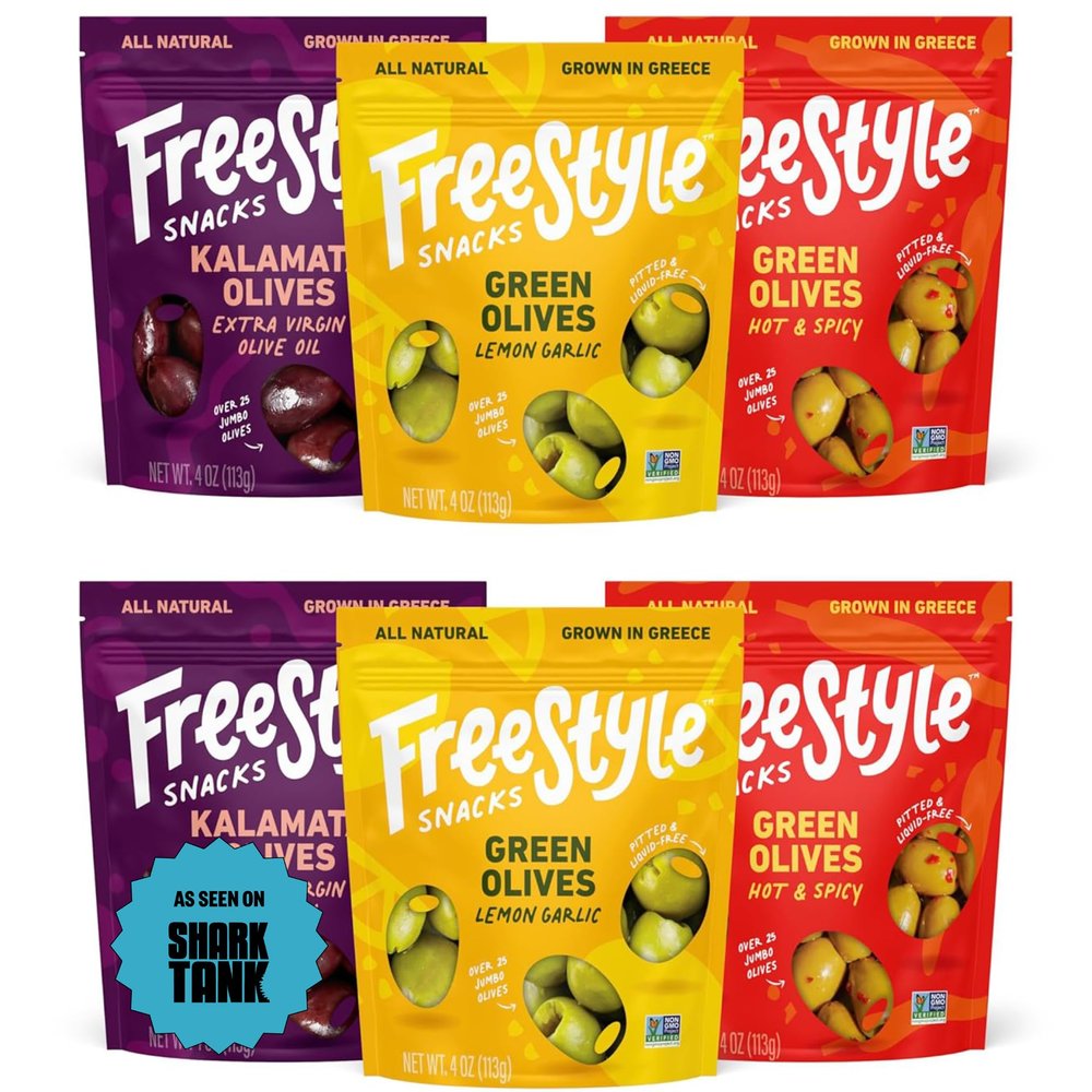 Freestyle Snacks Olive Snack Packs - As Seen on Shark Tank - Fresh Pitted Kalamata & Green Olives, Grown in Greece, Salty Snack, All Natural, Non-GMO, Sugar-Free - Variety Pack, 4oz (6 Pack)