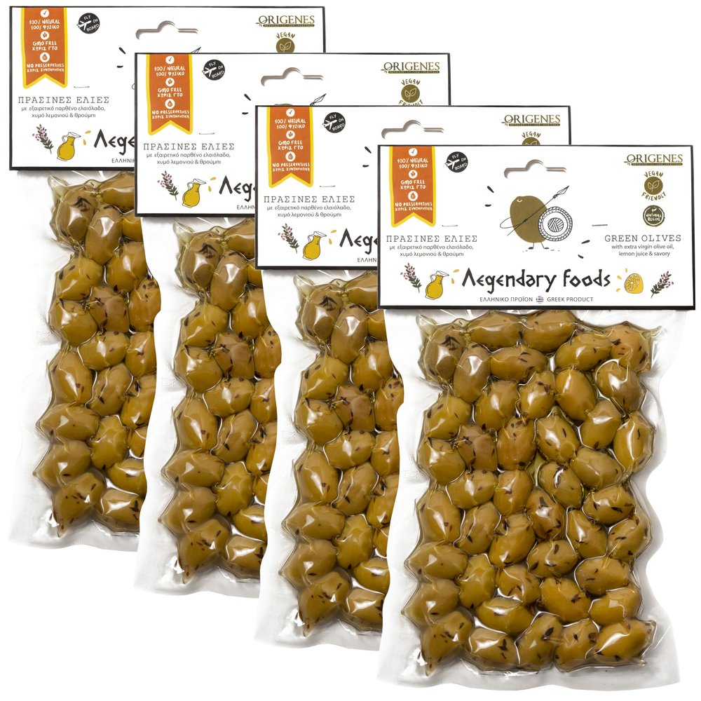 Pack of 4 Green Olives in Vacuum Bag , Marinated Olives in Savory Lemon Juice, Freshly Sealed Olives with Extra Virgin Oil 4X200g