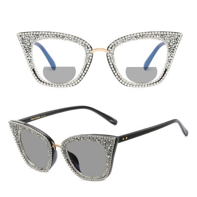 sexy Cat Eye Rhinestones Transition Photochromic Bifocal Reading Glasses Womens outdoor Reader look far and near Sunglasses (350 magnification, black white)
