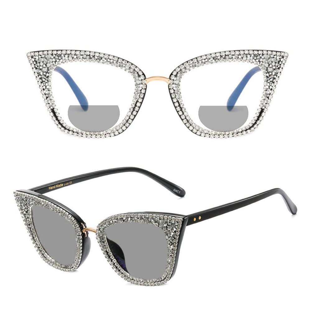 sexy Cat Eye Rhinestones Transition Photochromic Bifocal Reading Glasses Womens outdoor Reader look far and near Sunglasses (350 magnification, black white)