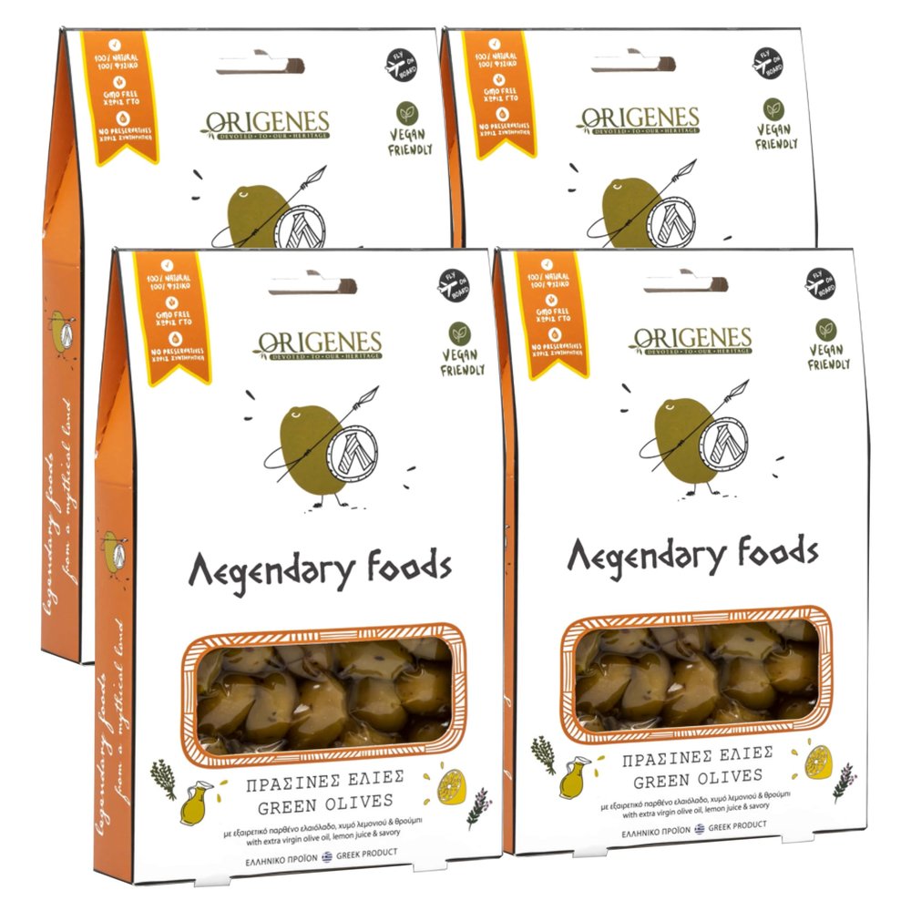 Pack of 4 Green Olives in Vacuum Bag with Special Box, Marinated Olives in Savory Lemon Juice, Freshly Sealed Olives with Extra Virgin Oil 4X200g