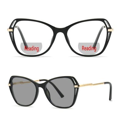 Fashion Ladies cat eye Bifocal Photochromic Reading Glasses oversized outdoor Presbyopic Magnifying Glasses uv400 (250 magnification, black)