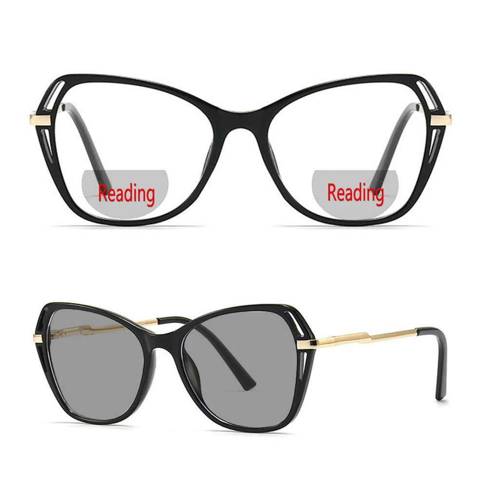 Fashion Ladies cat eye Bifocal Photochromic Reading Glasses oversized outdoor Presbyopic Magnifying Glasses uv400 (250 magnification, black)