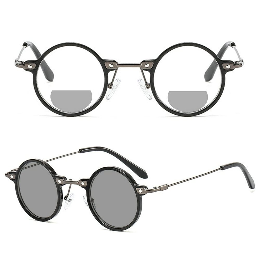 willochra Transition Sunglasses Photochromic Bifocal Reading Glasses Women Men Round Reading Glasses Fashion small frame Reduce Glare (175 magnification, black)