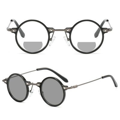Transition Sunglasses Photochromic Bifocal Reading Glasses Women Men Round Reading Glasses Fashion small frame Reduce Glare (375 magnification, black)