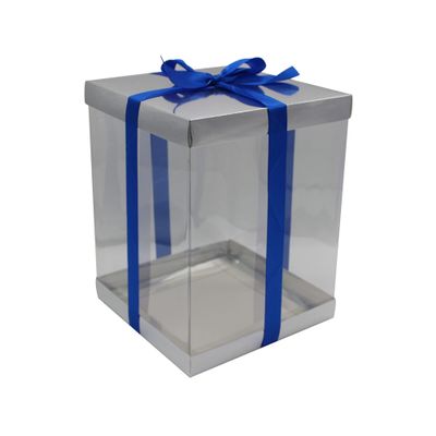 FELANAS 6 Pack Acetate Gift Boxes Metallized Top with Ribbon | Wrapping Clothing Boxes for Gifts, Mailing, Clothes | 20 x 20 x 25,5 CM : 8" x 8" x 10" | Gift Cardboard Boxes (Silver/Blue Ribbon)