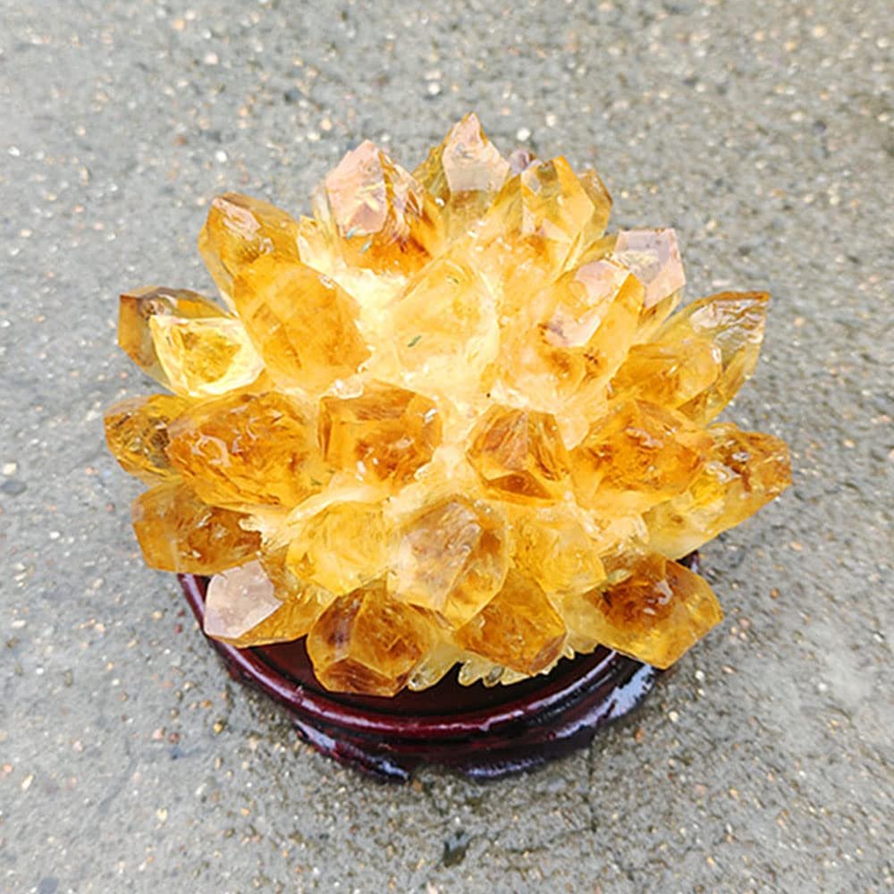 Natural Citrine Phantom Quartz Crystal Mineral Amethsyt Cluster Healing Decoration Specimen + Wood Base (300-400g, Citrine Phantom Cluster)
