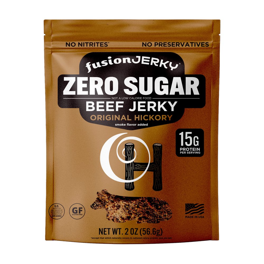Fusion Jerky Artisan Zero Sugar Beef Jerky, Original Hickory, 2 oz - Sugar Free, All Natural, 15g Protein, Premium USA Meat, Gluten Free, No Nitrates, No Added MSG, No Preservatives, Made in USA