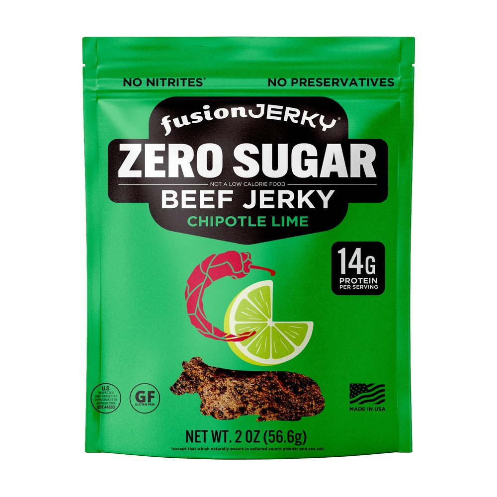 Fusion Jerky Artisan Zero Sugar Beef Jerky, Chipotle Lime, 2 oz - Sugar Free, All Natural, 14g Protein, Premium USA Meat, Gluten Free, No Nitrates, No Added MSG, No Preservatives, Made in USA