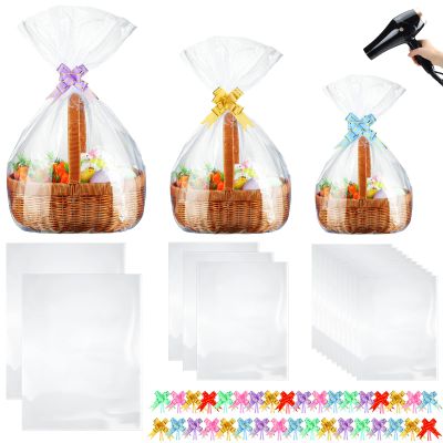 CHENGU 100 Pcs 3 Sizes Shrink Wrap Bags for Gift Baskets 20 x 28 16 x 24 14 x 18 Clear plastic Heat Shrink Cellophane Bags and 6 Color Pull Bows for easter Christmas Baskets Packaging