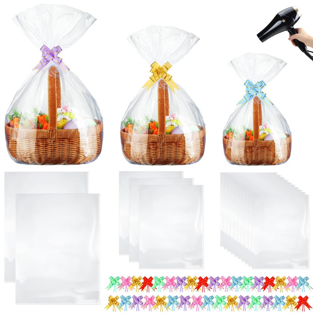 CHENGU 100 Pcs 3 Sizes Shrink Wrap Bags for Gift Baskets 20 x 28 16 x 24 14 x 18 Clear plastic Heat Shrink Cellophane Bags and 6 Color Pull Bows for easter Christmas Baskets Packaging
