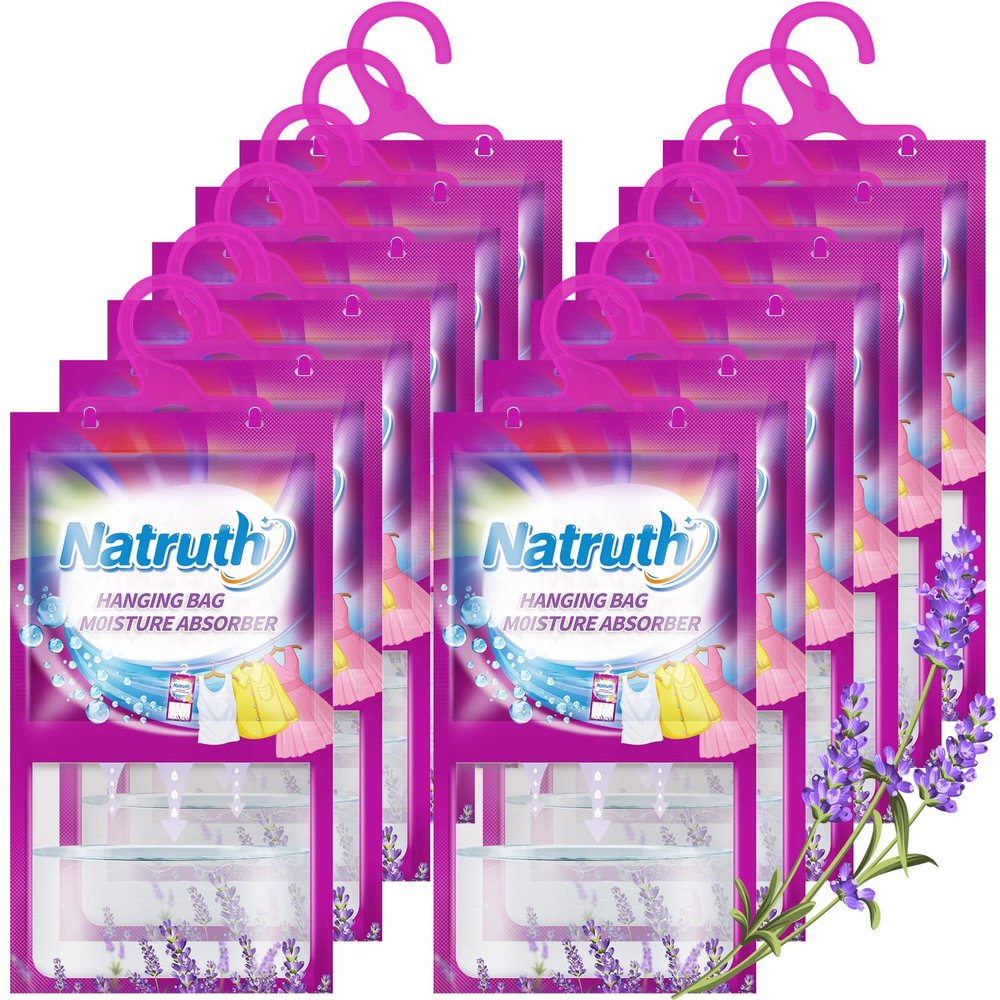 NATRUTH 12-PACK Moisture Absorber Bags With Lavender,Desiccant Hanging Bag Use for Kitchen Bathroom Wardrobe, Eliminates OdorsOdor Absorber Humidity Packs, Hanging Closet Dehumidifier Bags for Closet