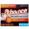 Member Mark Bounce Pet Hair and Lint Guard Mega Dryer Sheets with 3X Pet Hair Fighters, Fresh Scent (200 ct.) view 1