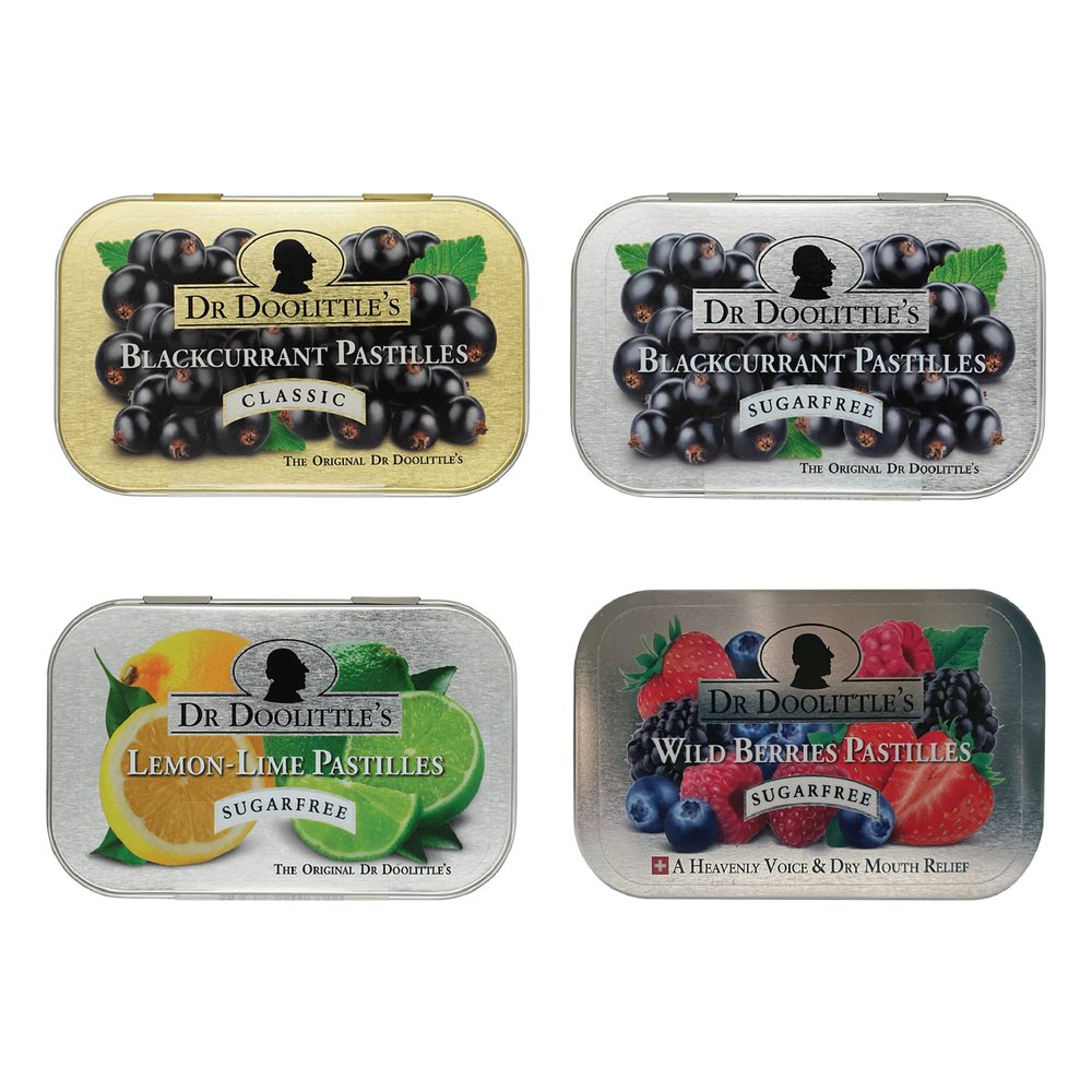 Dr. Doolittles Soft Fruit Pastilles Sugar Variety Pack for Voice and Throat, Blackcurrant, Lemon Lime, and Wild Berries, 2.12 Ounce Tin, approximately 25 Count Package, 4 Pack