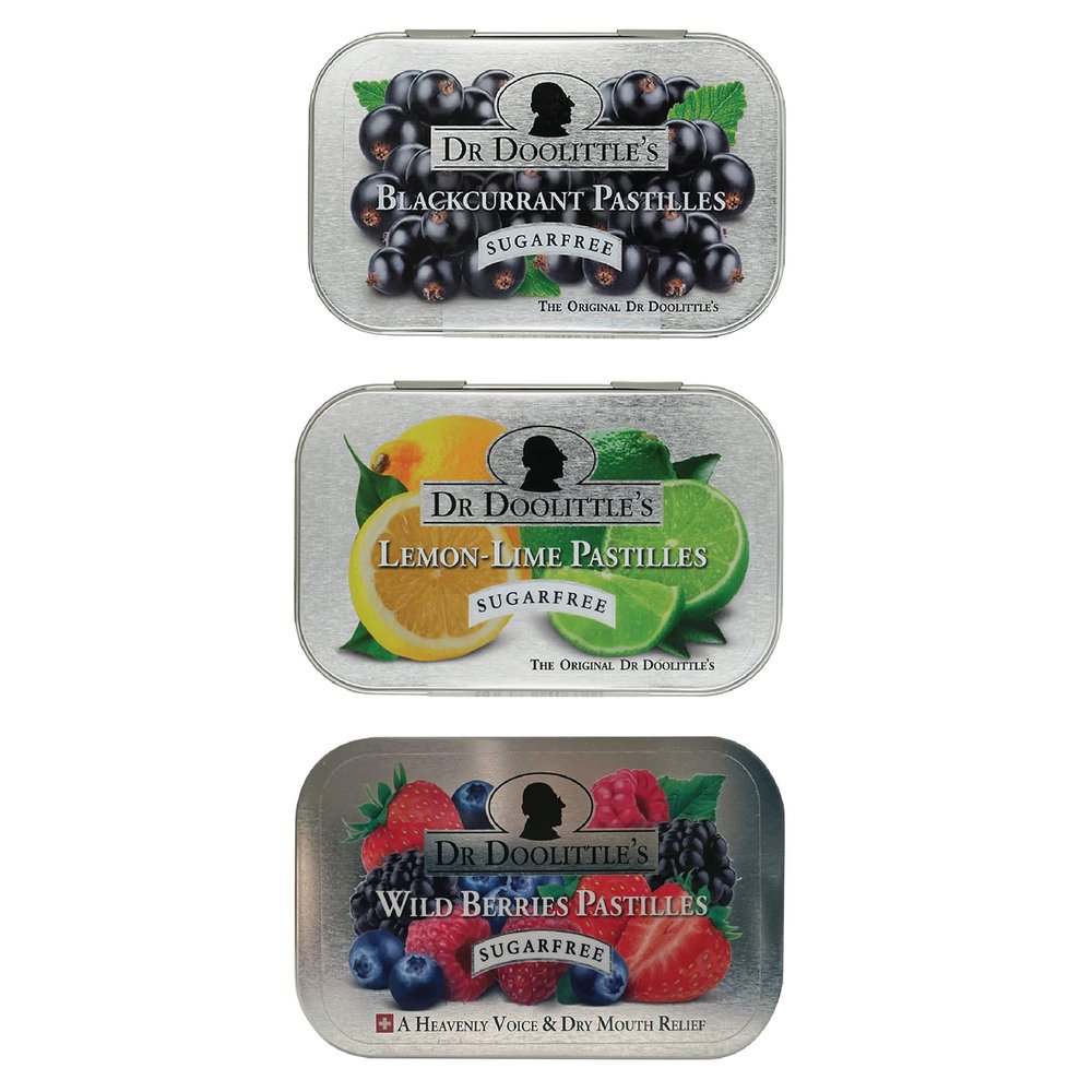 Dr. Doolittles Soft Fruit Pastilles Sugar Free Variety Pack for Voice and Throat, 2.12 Ounce Tin, Approximately 25 Count Package, 3 Pack