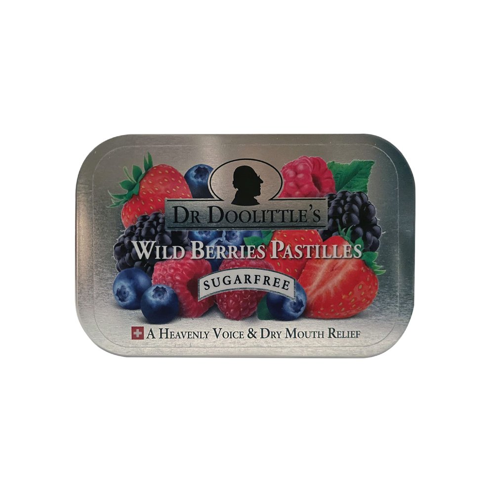 Dr. Doolittles Sugar Free Soft Fruit Pastilles for Voice and Throat, Wild Berries Flavor, 2.12 Ounce Tin, approximately 25 Count Package