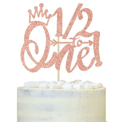 1/2 Way to One Cake Topper, Half Way to One, 1/2 Birthday Cake Topper, Baby Boys Girls 6 Months Birthday Party Decorations Supplies Rose Gold Glitter
