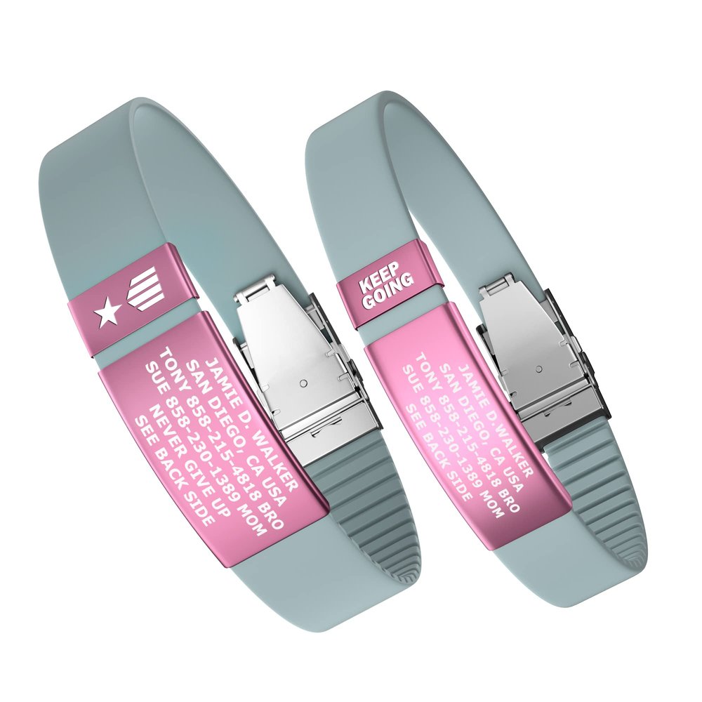 Divoti Custom Engraved Medical Alert ID Band, Double-Sided Emergency Contact Silicone WristbandICE Info, Phone Unlock Code&Allergy Note, Personalized Safety Alert -PVD Pink/Pale Light Blue/13
