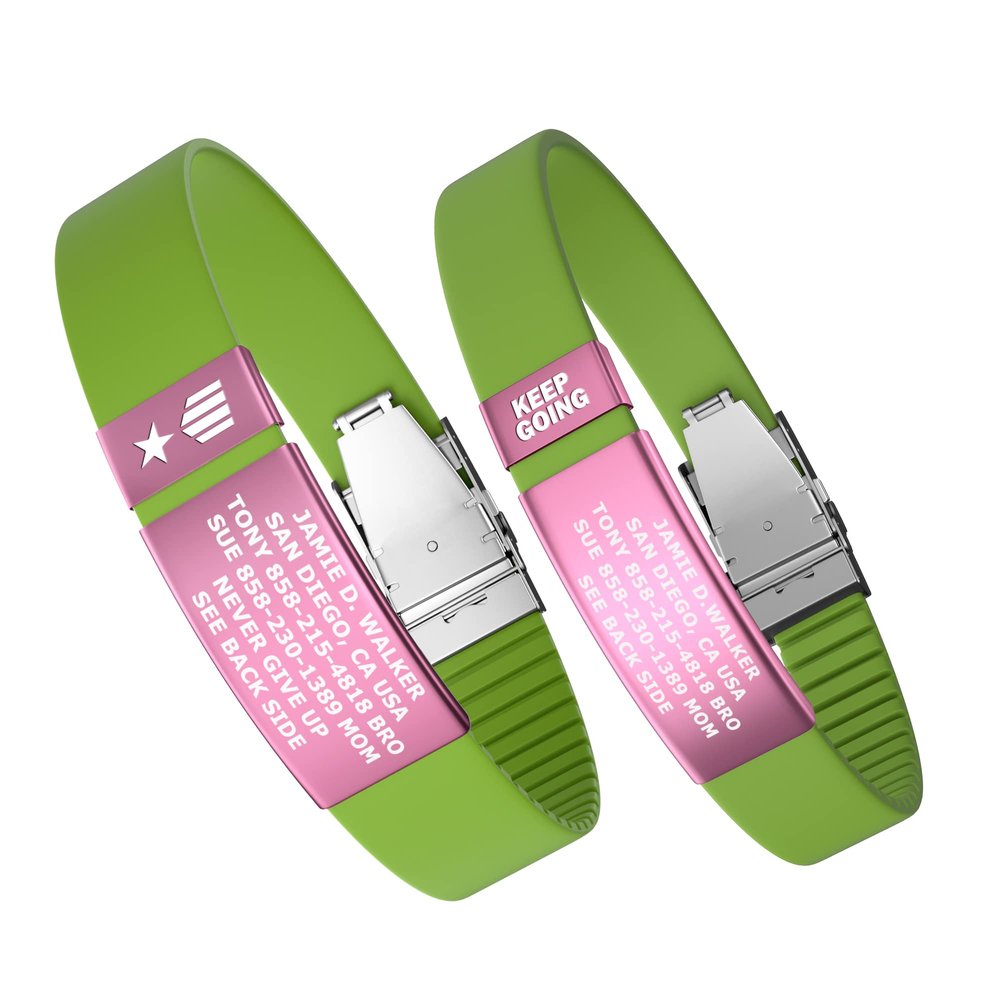 Divoti Custom Engraved Medical Alert ID Band, Double-Sided Emergency Contact Silicone WristbandICE Info, Phone Unlock Code&Allergy Note, Personalized Safety Alert -PVD Pink/Lime Range/13