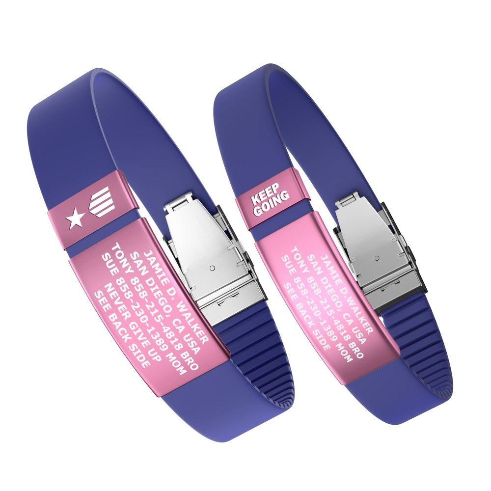 Divoti Custom Engraved Medical Alert ID Band, Double-Sided Emergency Contact Silicone WristbandICE Info, Phone Unlock Code&Allergy Note, Personalized Safety Alert -PVD Pink/Jazz Blue/13