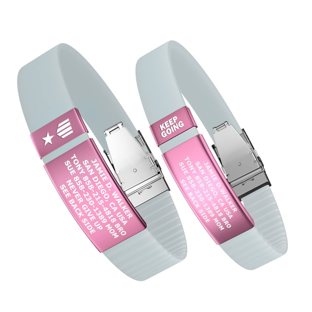 Divoti Custom Engraved Medical Alert ID Band, Double-Sided Emergency Contact Silicone WristbandICE Info, Phone Unlock Code&Allergy Note, Personalized Safety Alert -PVD Pink/Dark Glow Aqua/13