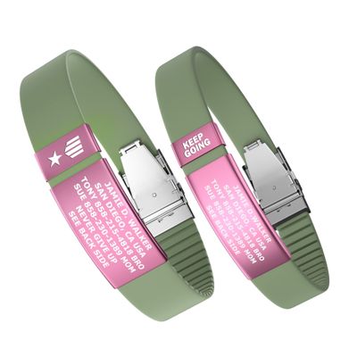 Divoti Custom Engraved Medical Alert ID Band, Double-Sided Emergency Contact Silicone WristbandICE Info, Phone Unlock Code&Allergy Note, Personalized Safety Alert -PVD Pink/Green Mint/13