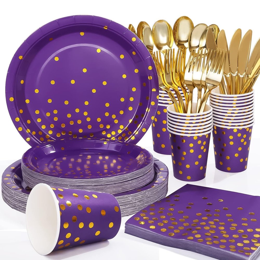 175Pcs Purple and Gold Party Decorations, Purple Plates and Cups and Napkins Sets, Gold Disposable Plates for Birthday Wedding Party Supplies, Serves 25
