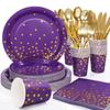 175Pcs Purple and Gold Party Decorations, Purple Plates and Cups and Napkins Sets, Gold Disposable Plates for Birthday Wedding Party Supplies, Serves 25 view 1