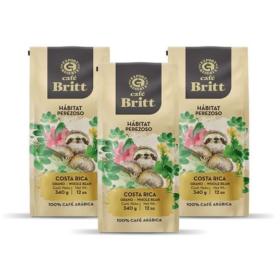 Caf Britt - Costa Rican Habitat Sloth Coffee (12 oz.) (3-Pack) - Whole Bean, Arabica Coffee, Kosher, Gluten Free, 100% Gourmet & Medium Light Roast