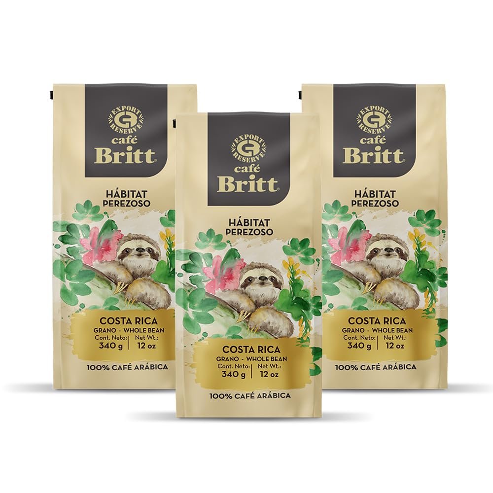 Caf Britt - Costa Rican Habitat Sloth Coffee (12 oz.) (3-Pack) - Whole Bean, Arabica Coffee, Kosher, Gluten Free, 100% Gourmet & Medium Light Roast