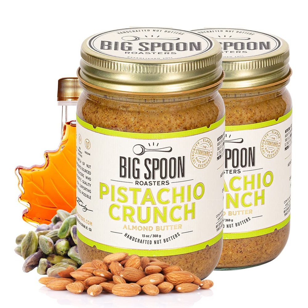 Big Spoon Roasters Almond & Pistachio Butter w/Raw Honey & Sea Salt - Keto Friendly, Low Sugar Almond Butter - Crunchy Pistachio Butter w/Bee-Friendly Almonds - Gourmet, Vegan Nut Butter - 26 Ounces