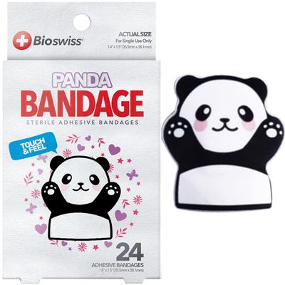 BioSwiss Bandages, Panda Shaped Self Adhesive Bandage Set, Latex Free, Sterile Wound Care, 24 Count