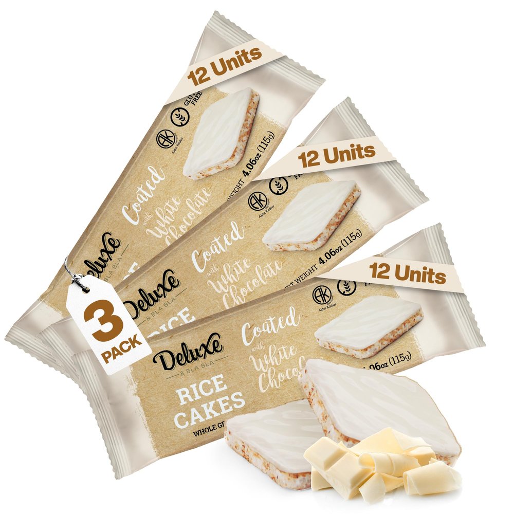 Deluxe & Bla Bla Thin and Crispy Strawberry Yogurt Chocolate Rice Cakes, Kosher Certified Dairy, Gluten Free, Nuts Free Snack Pack Of 3 (Pack of 3, White Chocolate)