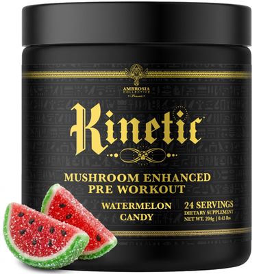 Ambrosia Kinetic - Organic Pre Workout Powder | Mushroom-Enhanced Natural Pre Workout | Nootropic Superfood Powder for Clean Energy, Focus, Recovery | 24 Servings | Watermelon Candy