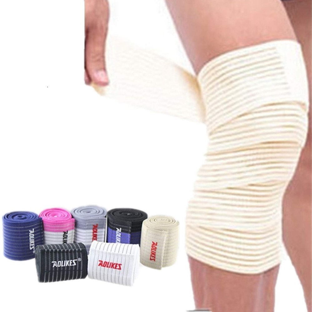 AIZXC Elastic Breathable Knee Wraps Bandage Compression Sleeve Brace Pain Relief Straps Support for Men Women Cross Training WODs,Gym Workout,Fitness & Powerlifting, 1 Pair (Beige)