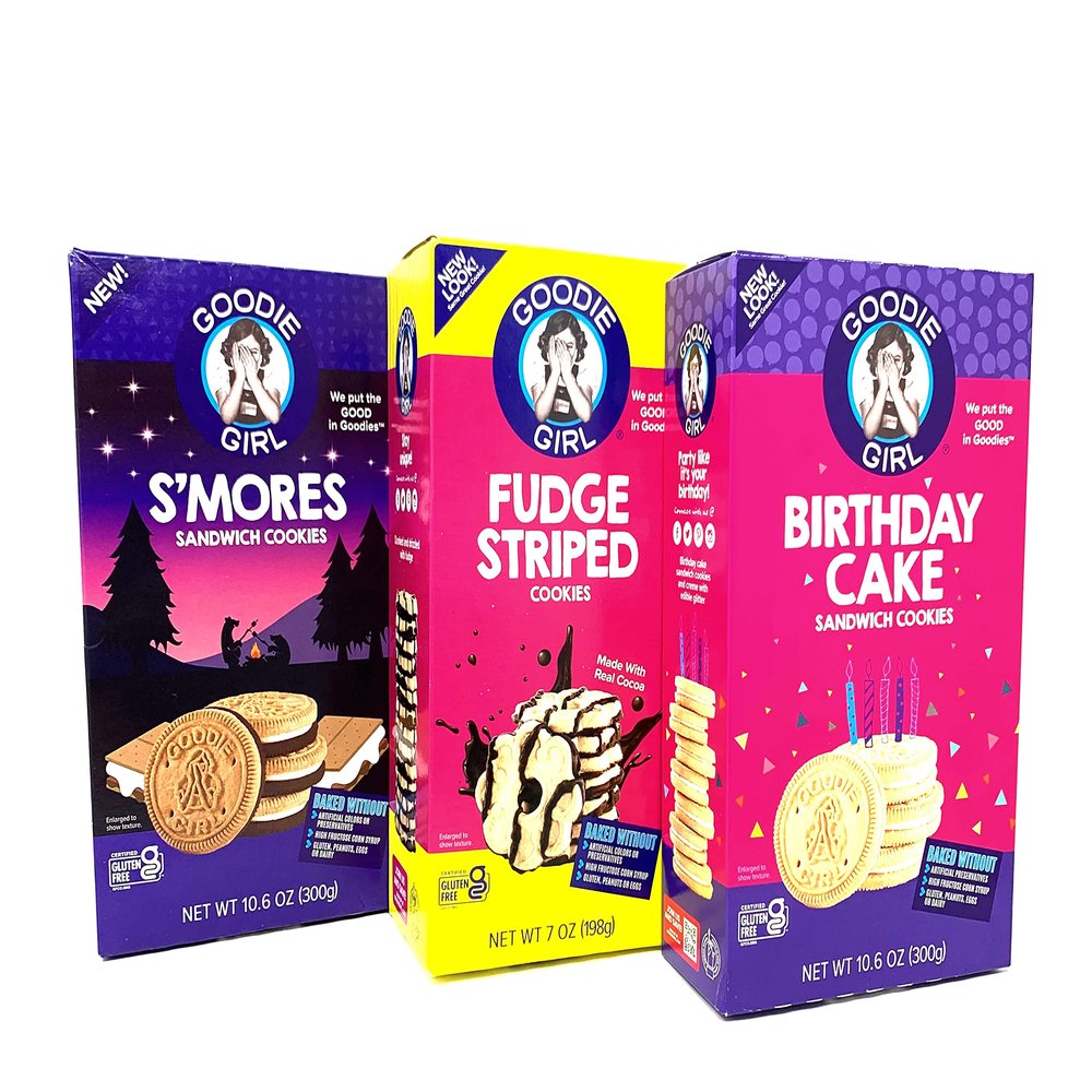 Goodie Girl Gluten Free Cookies 3 Variety Bundle, Birthday Cake, S'Mores & Fudge Striped Cookies,(Pack of 3) Certified Gluten Free, Peanut Free, Egg Free and Kosher