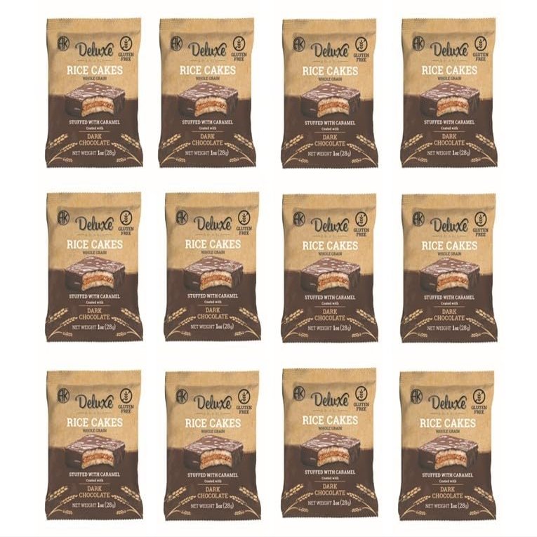 Deluxe & Bla Bla 12 Pack Stuffed Rice Cake Whole Grain, Natural & Healthy Snack Gluten Free, Kosher Certificate & Low Calorie 28 Gr (Caramel Dark Chocolate)