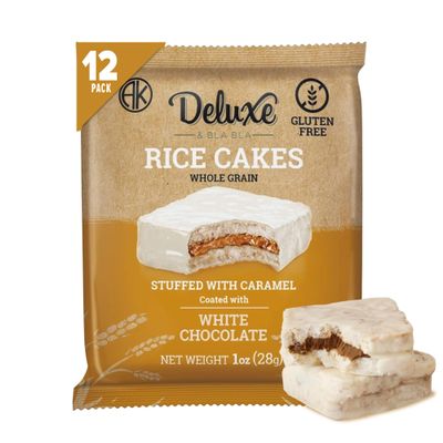 Deluxe & Bla Bla 12 Pack Stuffed Rice Cake Whole Grain, Natural & Healthy Snack Gluten Free, Kosher Certificate & Low Calorie 28 Gr (Caramel White Chocolate)