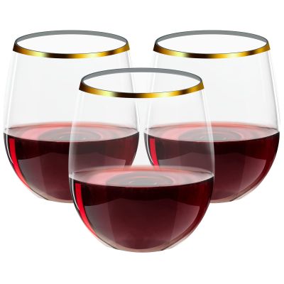 FOCUSLINE 32 Pack 12 OZ Plastic Wine Glasses, Stemless Disposable Wine Cups, Gold Rim Unbreakable Wine Glasses, Reusable Shatterproof Recyclable and BPA-Free Plastic Wine Cups