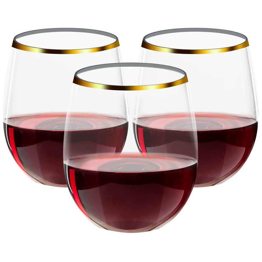 FOCUSLINE 32 Pack 12 OZ Plastic Wine Glasses, Stemless Disposable Wine Cups, Gold Rim Unbreakable Wine Glasses, Reusable Shatterproof Recyclable and BPA-Free Plastic Wine Cups