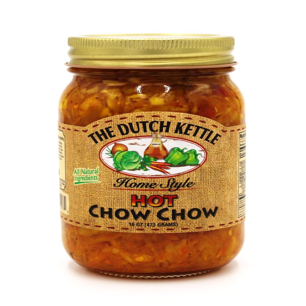 The Dutch Kettle Hot Chow Chow - Homestyle Gourmet Mildly Spicy Pickled Relish Made with Fresh Cabbage, Peppers, Onions, Spices, & Flavorful All-Natural Ingredients - Handcrafted & Amish-Made - 16 oz