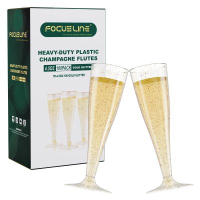FOCUSLINE 100 Pack Plastic Champagne Flutes, 4.5 Oz Gold Glitter Plastic Champagne Glasses, Disposable Clear Toasting Glasses Recyclable Cups for Wedding Party