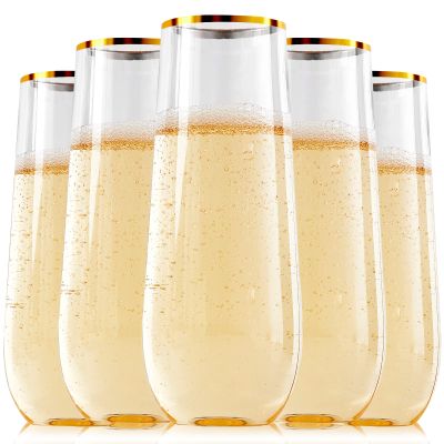 FOCUSLINE 24 Pack 9 Oz Plastic Stemless Gold Rim Champagne Flutes, Heavy Duty, Shatterproof, Disposable & Reusable Crystal Clear Toasting Glasses